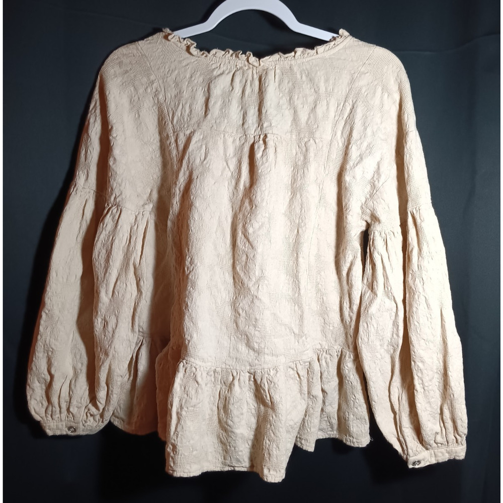 Umgee Small Textured Ruffle Split Neck Long Sleeve Babydoll Top in Warm Sand Tan - Picture 5 of 5
